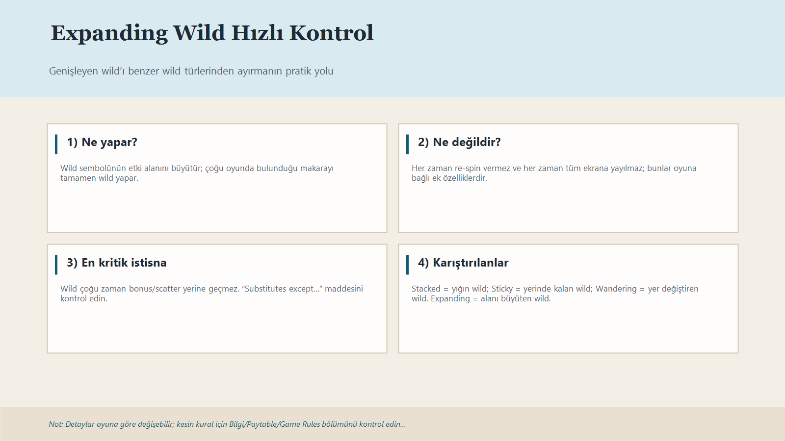 Expanding Wild, Stacked Wild, Sticky Wild Ve Wandering Wild Farklarını Özetleyen Infografik.