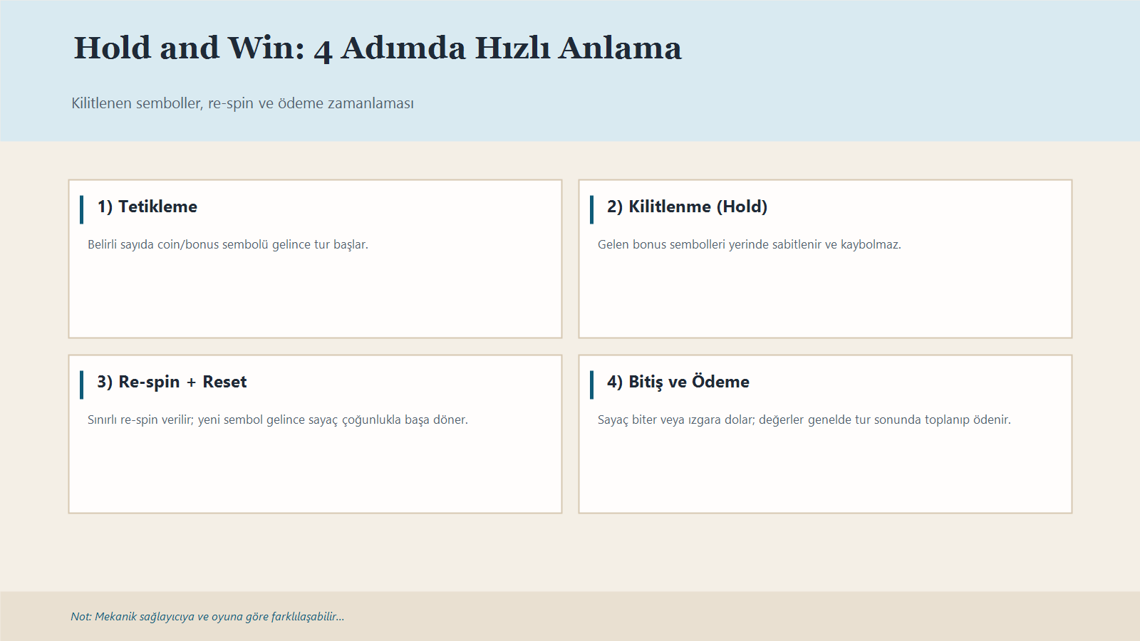 Hold And Win Nedir? Slotta Sabitlenen Semboller Ne Zaman Değerlenir? 1 Hold And Win Mekaniğini 4 Adımda Özetleyen Infografik.