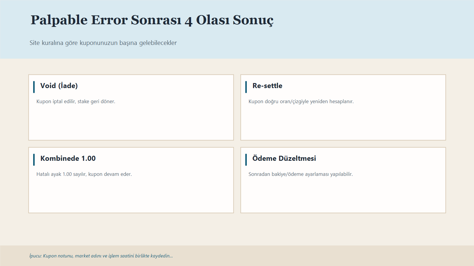 Palpable Error Nedir? Acik Hata Gerekcesiyle Kupon Neden Iptal Edilir? 1 Palpable Error Durumunda Void, Yeniden Sonuçlandırma, 1.00 Sayma Ve Ödeme Düzeltmesi Seçeneklerini Özetleyen Infografik