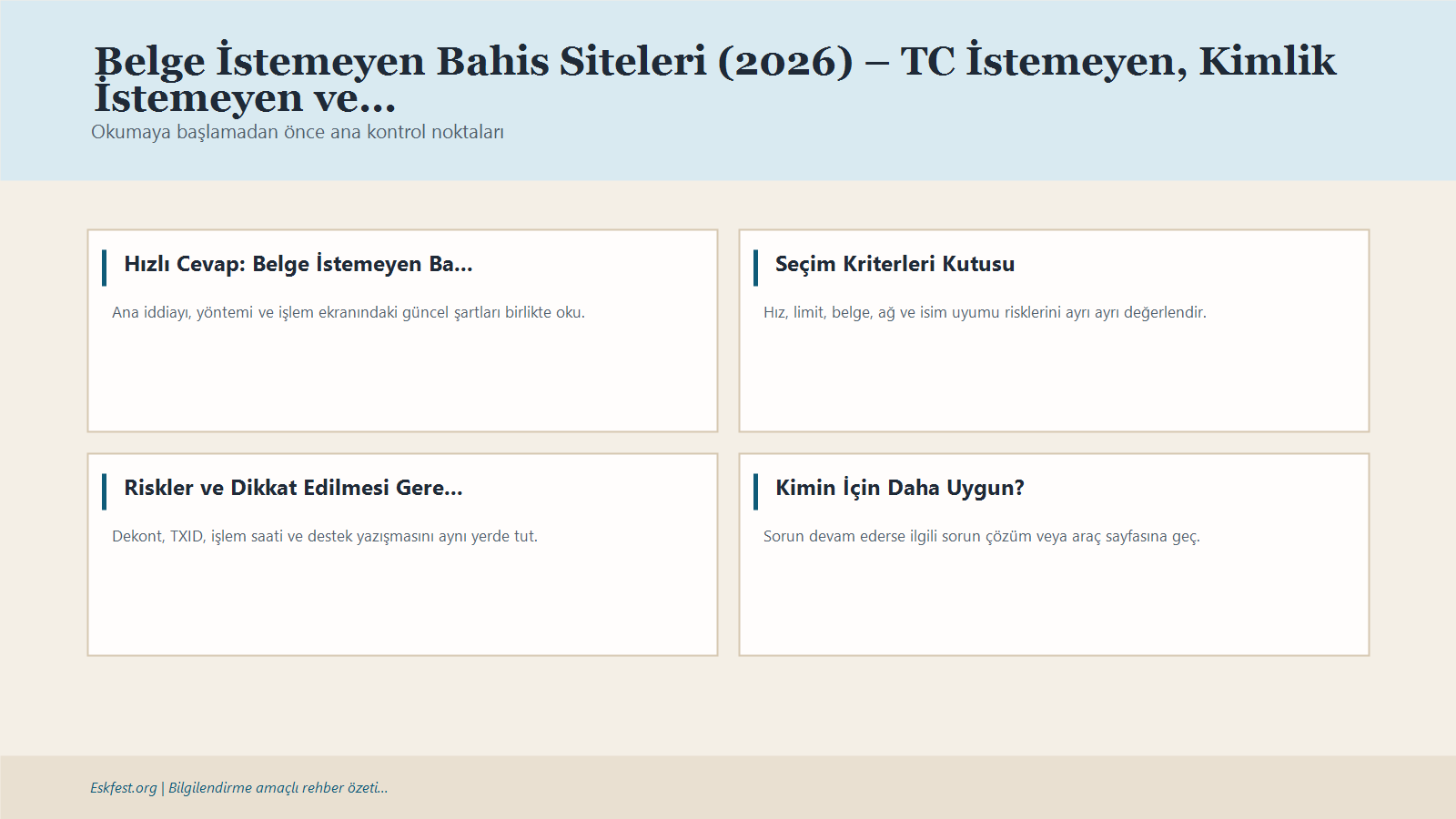 Belge İstemeyen Bahis Siteleri (2026) – Tc İstemeyen, Kimlik İstemeyen Ve No-Kyc Rehberi Için Kısa Karar Ve Kontrol Infografiği