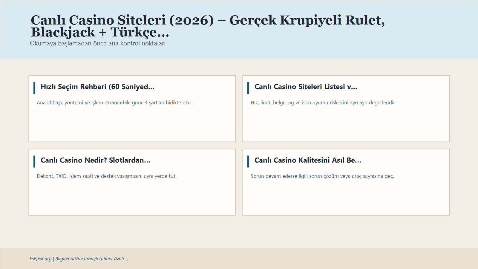 Canlı Casino Siteleri (2026) – Gerçek Krupiyeli Rulet, Blackjack + Türkçe Masalar Için Kısa Karar Ve Kontrol Infografiği