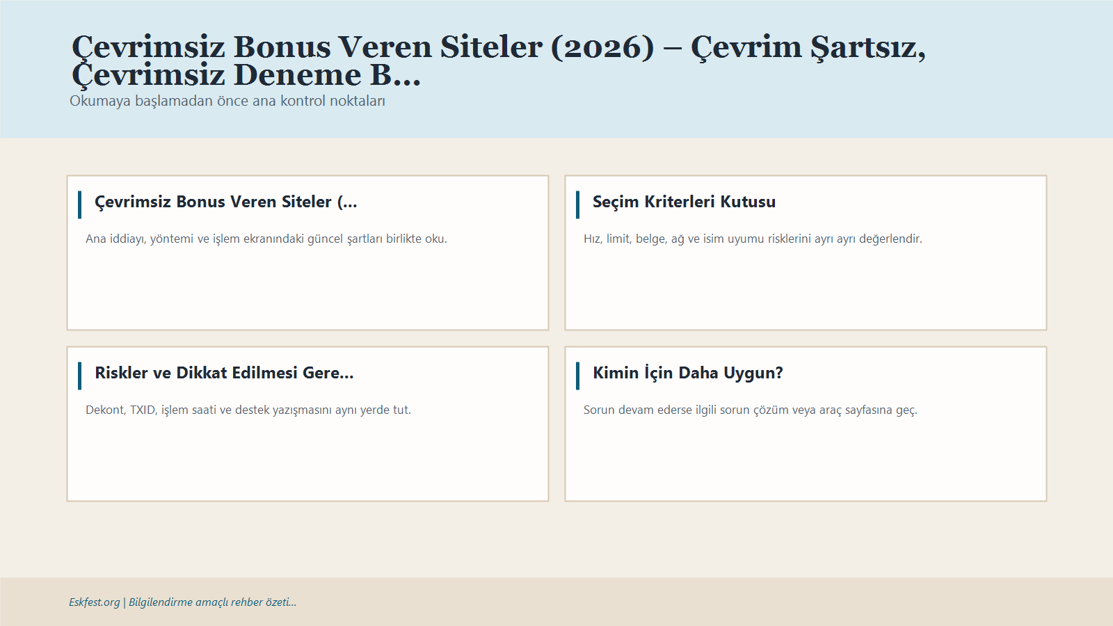 Çevrimsiz Bonus Veren Siteler (2026) – Çevrim Şartsız, Çevrimsiz Deneme Bonusu Ve Yatırımsız Bonus Rehberi Için Kısa Karar Ve Kontrol Infografiği