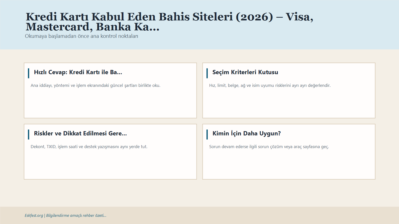 Kredi Kartı Kabul Eden Bahis Siteleri (2026) – Visa, Mastercard, Banka Kartı, 3D/2D Ve Canlı Bahis Rehberi Için Kısa Karar Ve Kontrol Infografiği