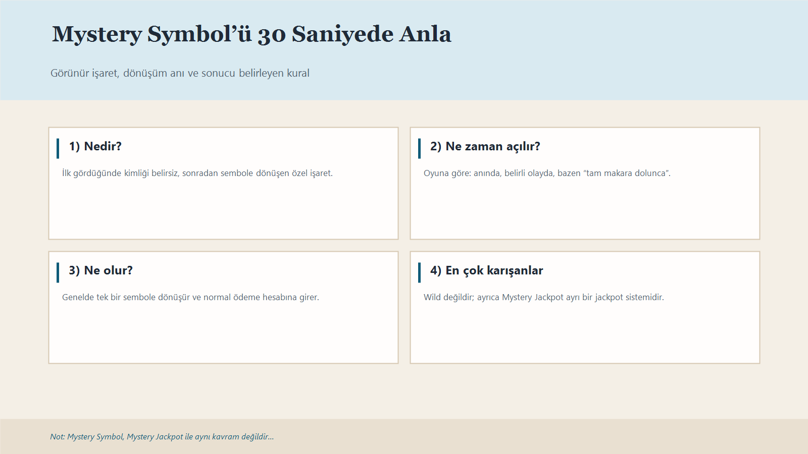Mystery Symbolün Ne Olduğu, Ne Zaman Açıldığı Ve Wild/Jackpot Ile Farkını Özetleyen Infografik.