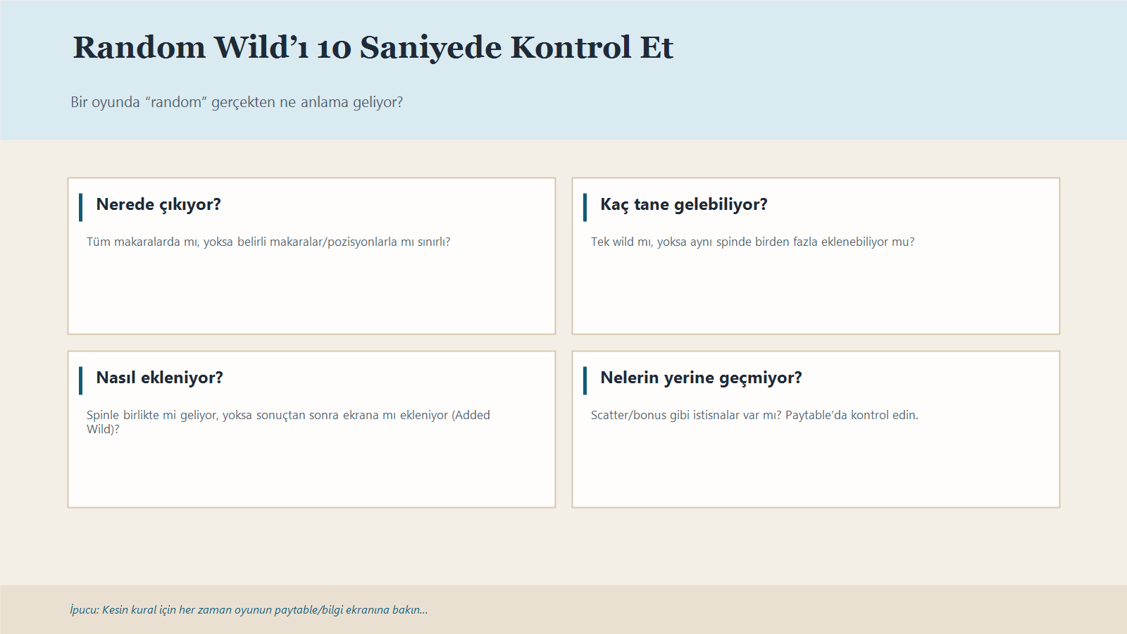 Random Wild Için Hızlı Kontrol Maddelerini Gösteren Infografik.