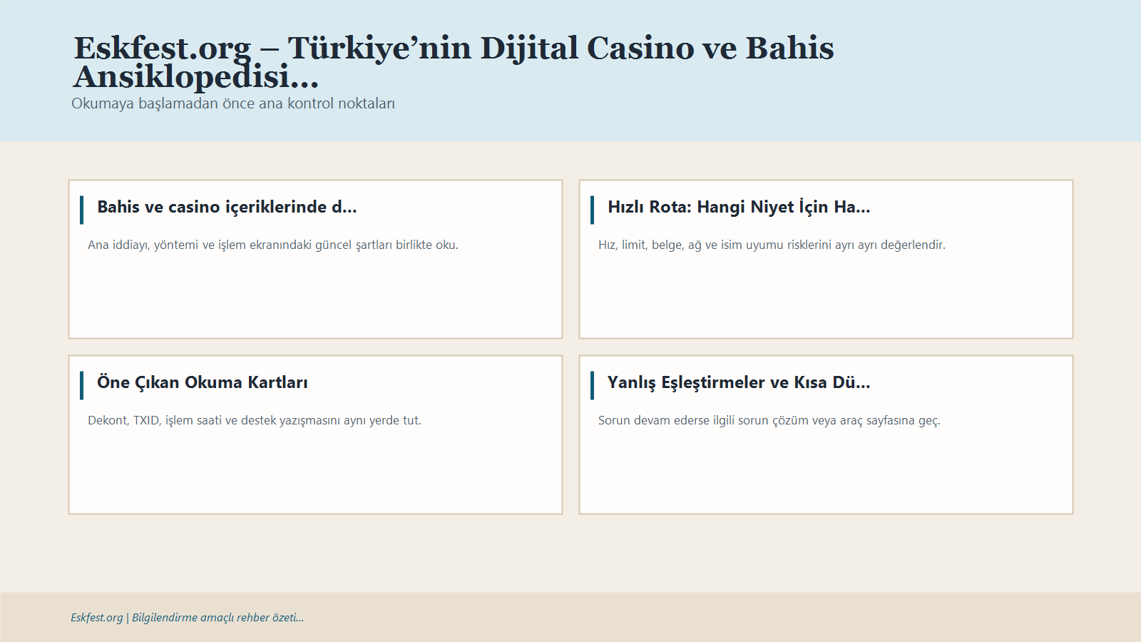 Eskfest.org – Türkiye’nin Dijital Casino Ve Bahis Ansiklopedisi Için Kısa Karar Ve Kontrol Infografiği