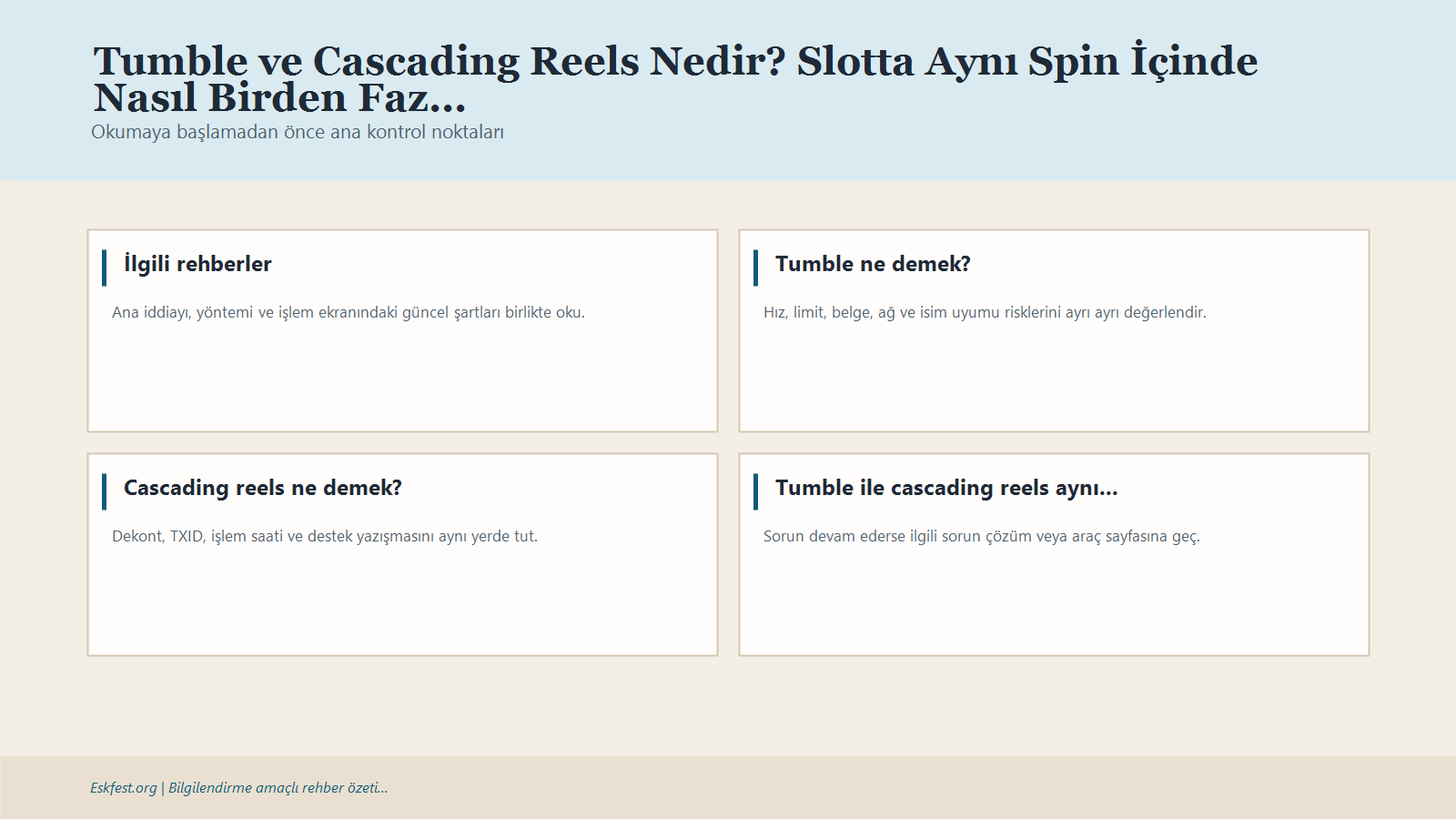 Tumble Ve Cascading Reels Nedir? Slotta Aynı Spin İçinde Nasıl Birden Fazla Kazanç Olur? Için Kısa Karar Ve Kontrol Infografiği